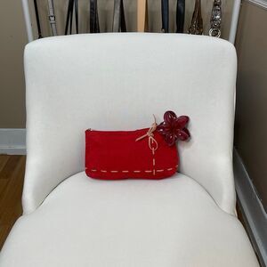 Lancome Red Suede Nude Bow Cosmetic Makeup Bag